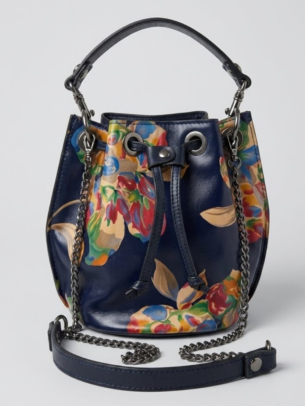 Patricia Nash Small Navy Leather Drawstring Bucket Bag with Mustard Interior